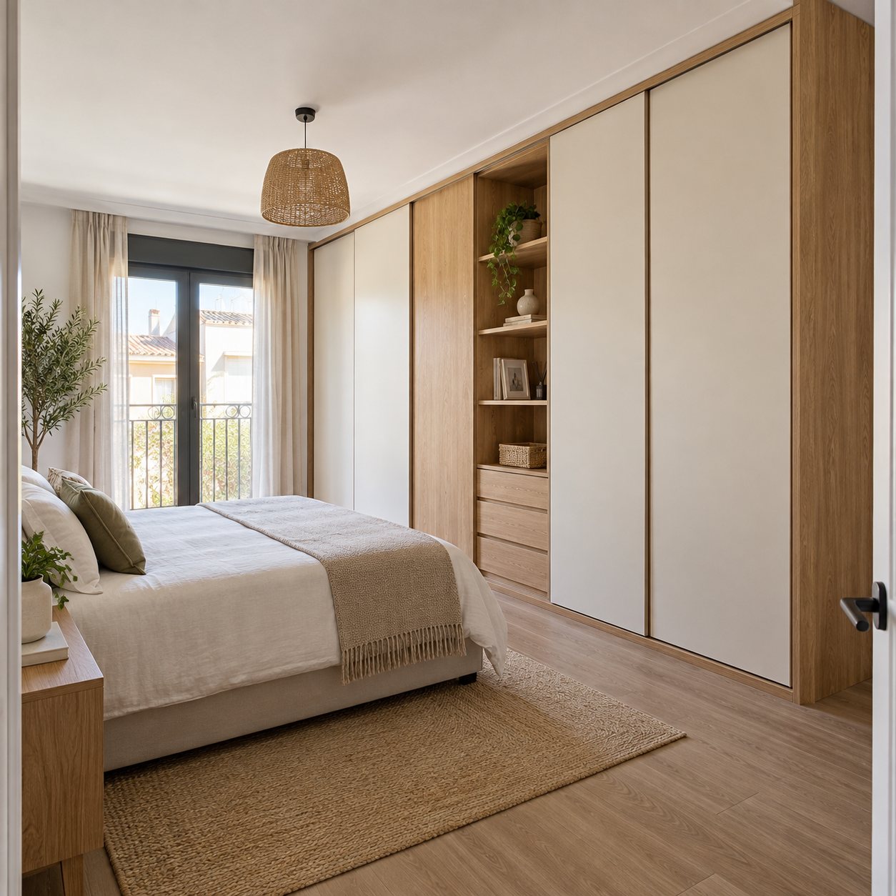 El mismo dormitorio terminado con el armario de madera y puertas blancas