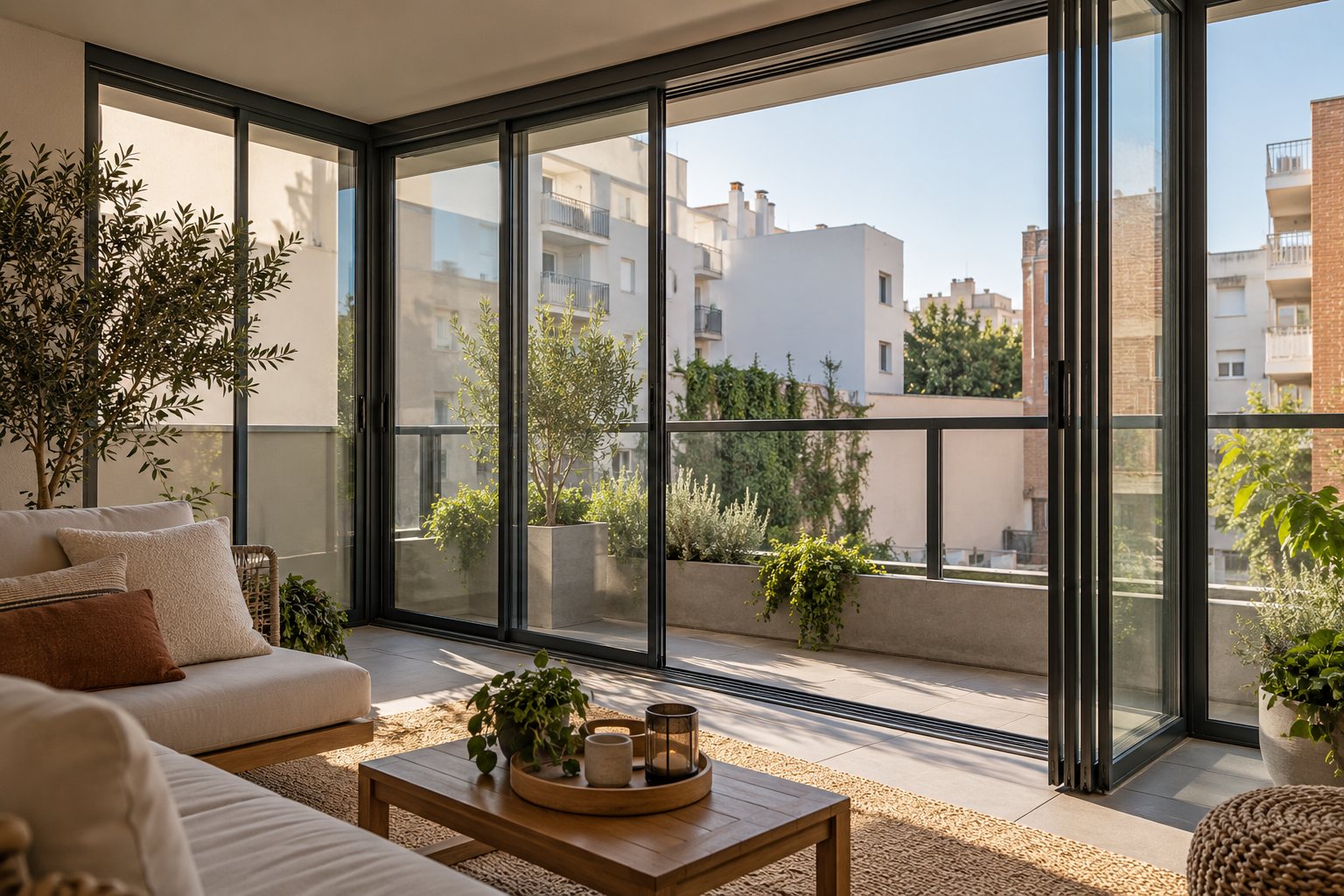 La misma terraza terminada con cerramiento de aluminio y vidrio