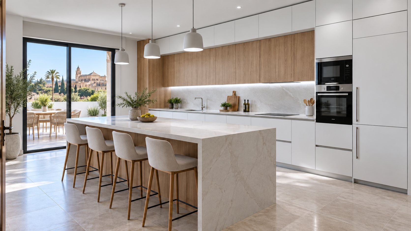 La misma cocina terminada con enchufes, iluminación y electrodomésticos integrados