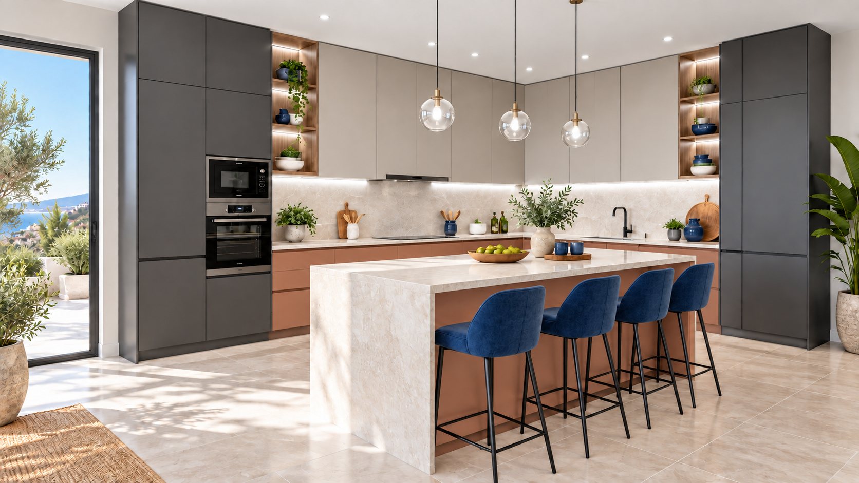 La misma cocina terminada, con muebles grafito y coral e isla