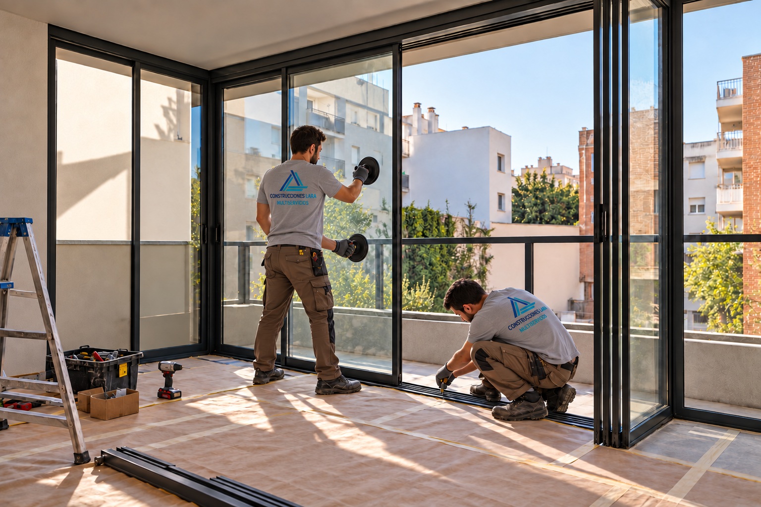 Instaladores colocando una hoja de vidrio y ajustando la guía del cerramiento de terraza