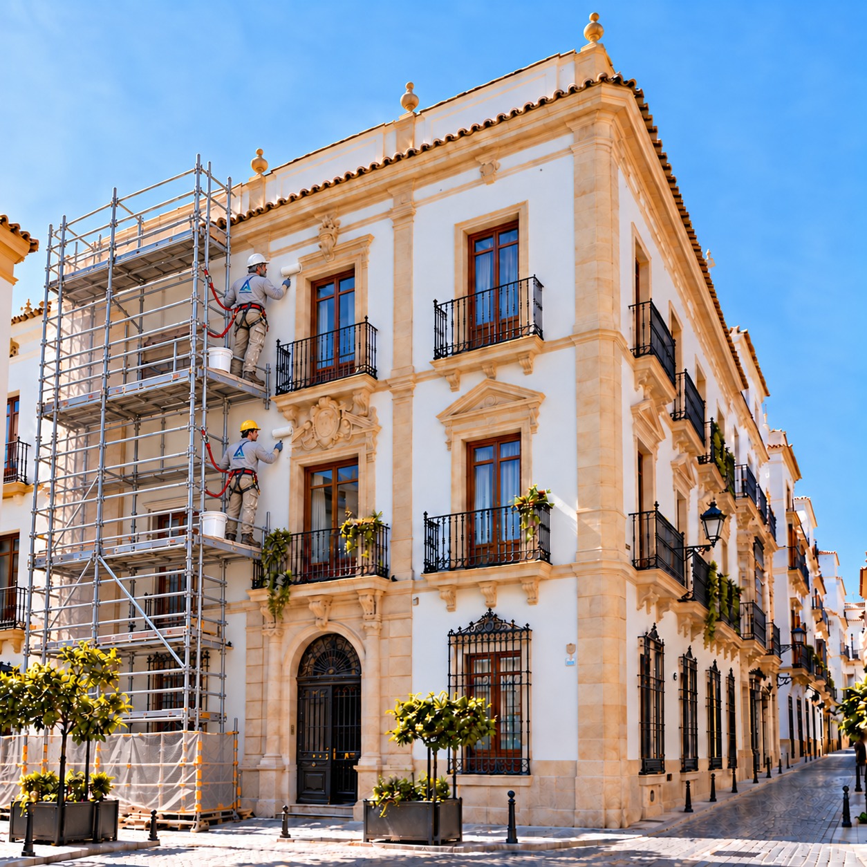 Pintores aplicando pintura a la fachada desde un andamio