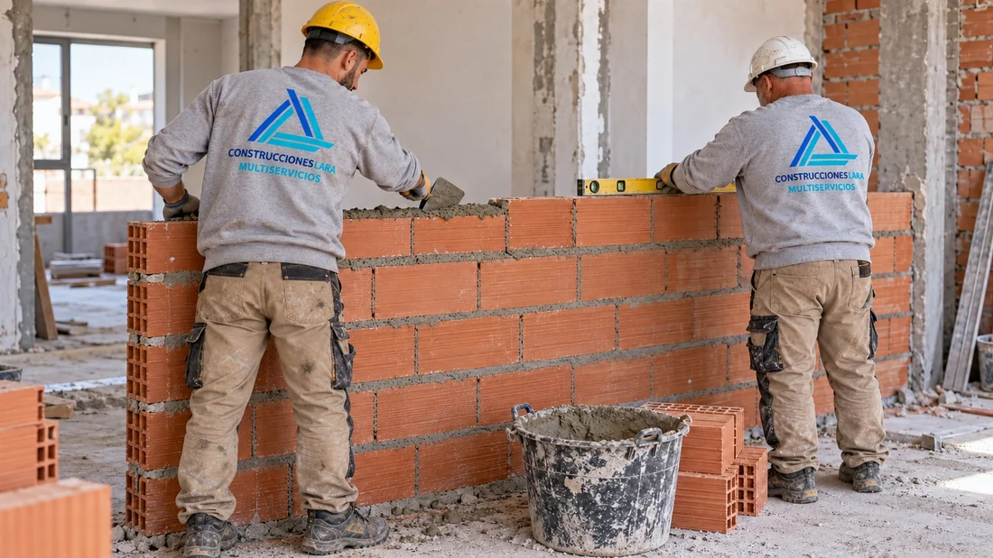 Dos albañiles colocando ladrillos con mortero y nivelando un murete divisorio