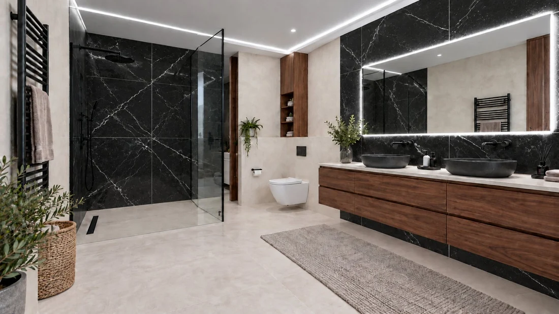 Un baño terminado con ducha a la izquierda y lavabo a la derecha