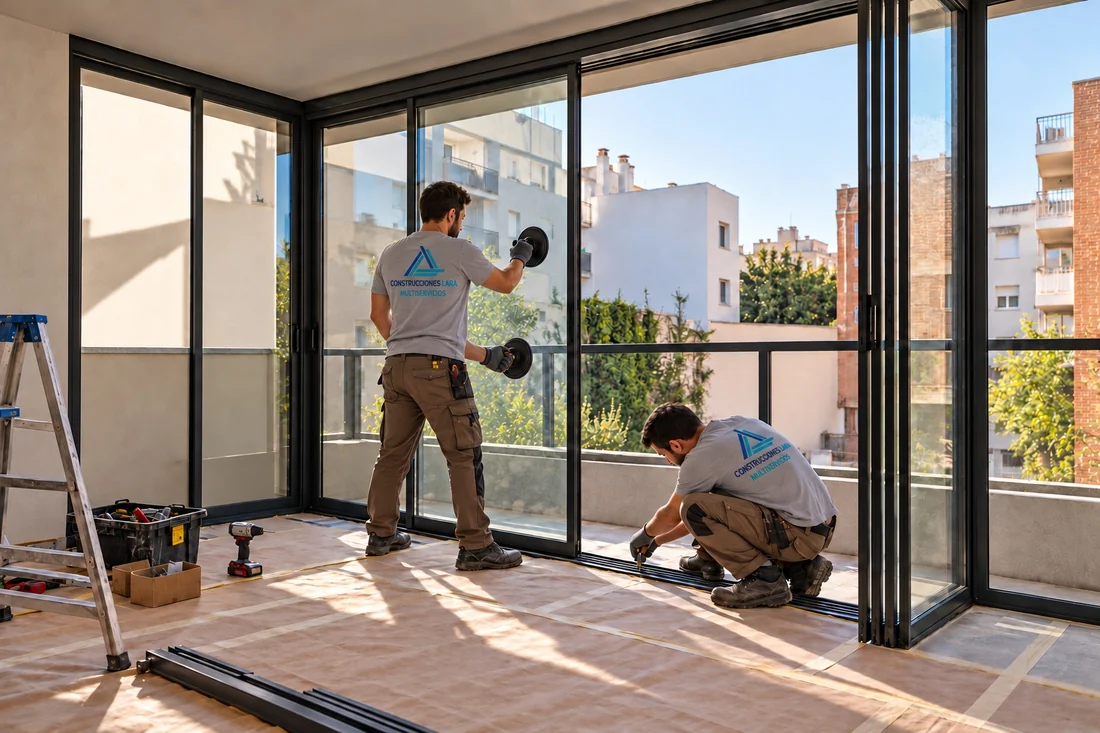 Instaladores colocando una hoja de vidrio y ajustando la guía del cerramiento de terraza