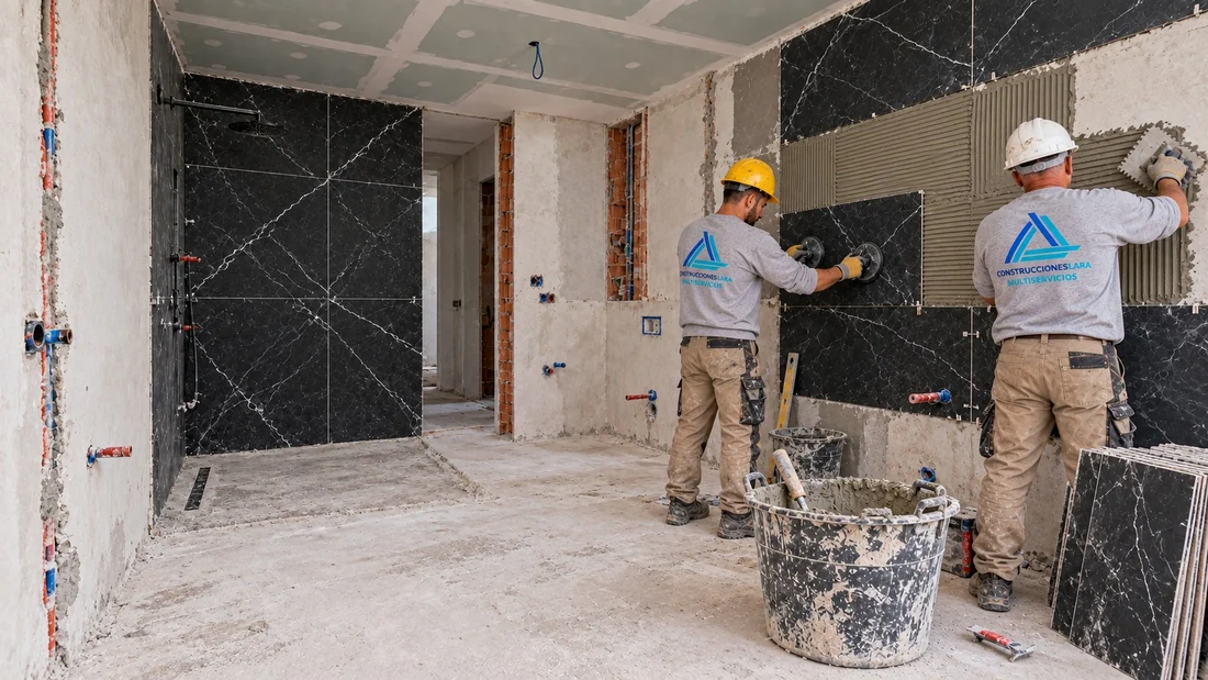 Albañiles colocando el revestimiento negro veteado en las paredes del baño en obra