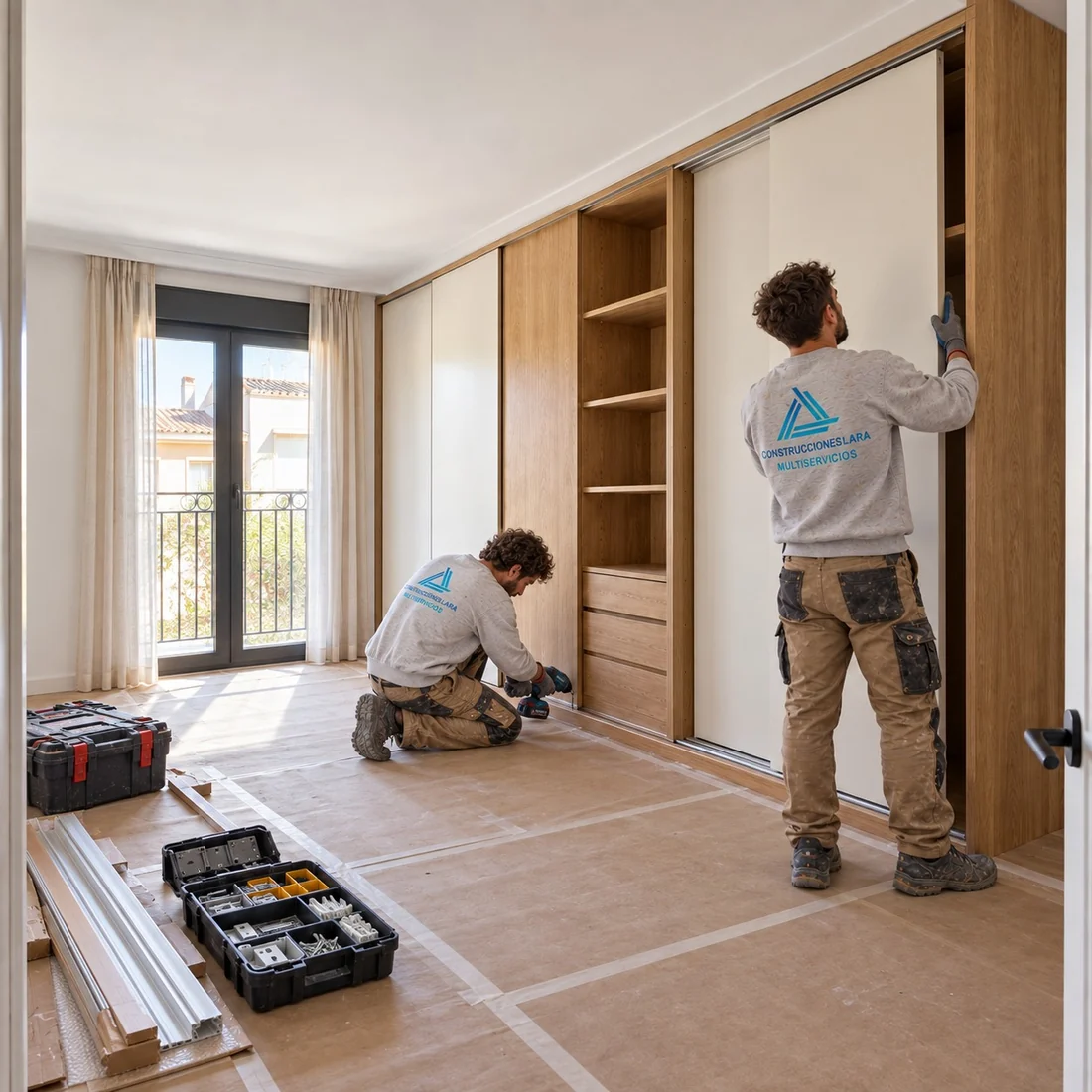 Carpinteros montando y ajustando las puertas correderas de un armario en el dormitorio